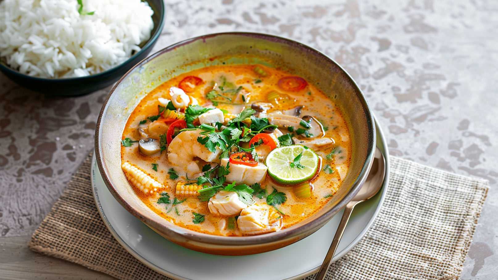 Eine Schüssel mit einer aromatischen Meeresfrüchte-Suppe, reich an Garnelen, Fischen, Gemüse und frischen Kräutern, garniert mit Limettenscheiben und roten Chilis. Daneben ein Teller mit gedämpftem Reis. Die Suppe wird auf einem Stoffuntersetzer serviert.