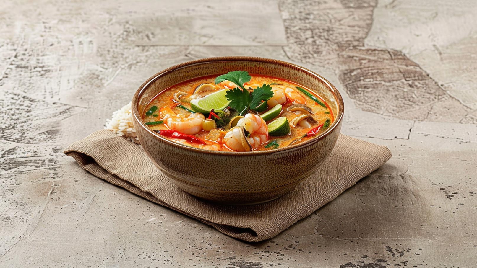 Eine Schüssel mit einer aromatischen Suppe, garniert mit Garnelen, grünen Limettenstücken und frischen Kräutern. Die Suppe ist orangefarben und enthält auch frische Gemüse- und Gewürzstücke. Daneben liegt ein kleiner Stapel dampfender Reis auf einer servierfähigen Unterlage.