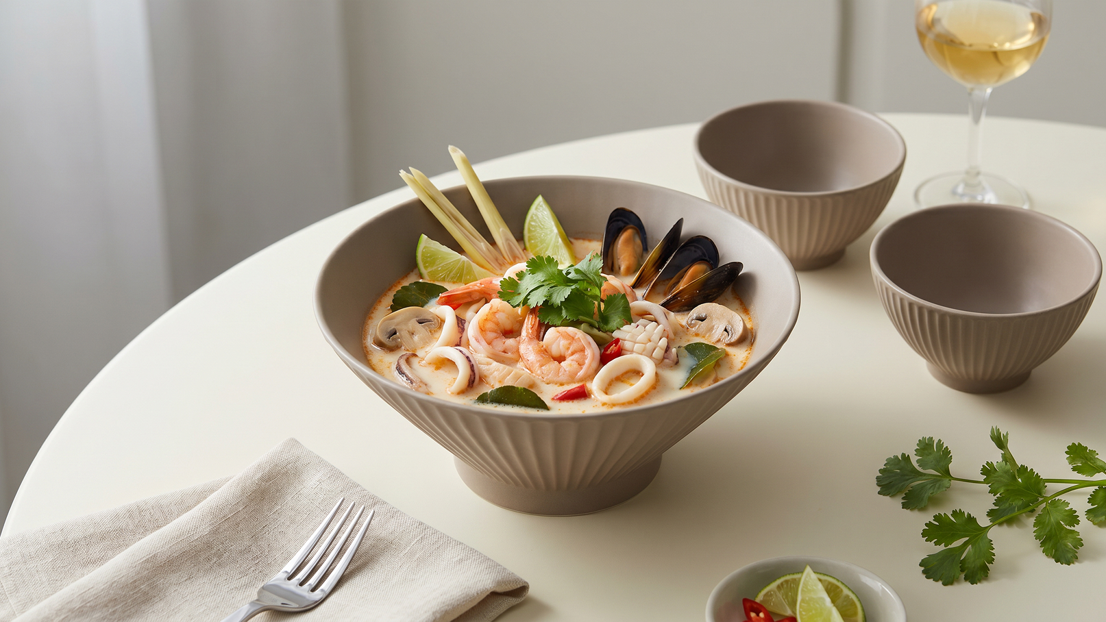 Eine große Schüssel mit einer bunten Meeresfrüchte-Suppe ist auf einem hellen Tisch platziert. Die Suppe enthält Garnelen, Muscheln und Tintenfisch, garniert mit frischem Koriander und Limettenscheiben. Daneben sind zwei kleinere Schalen und ein Glas Wein sichtbar. Ein Besteck liegt bereit.