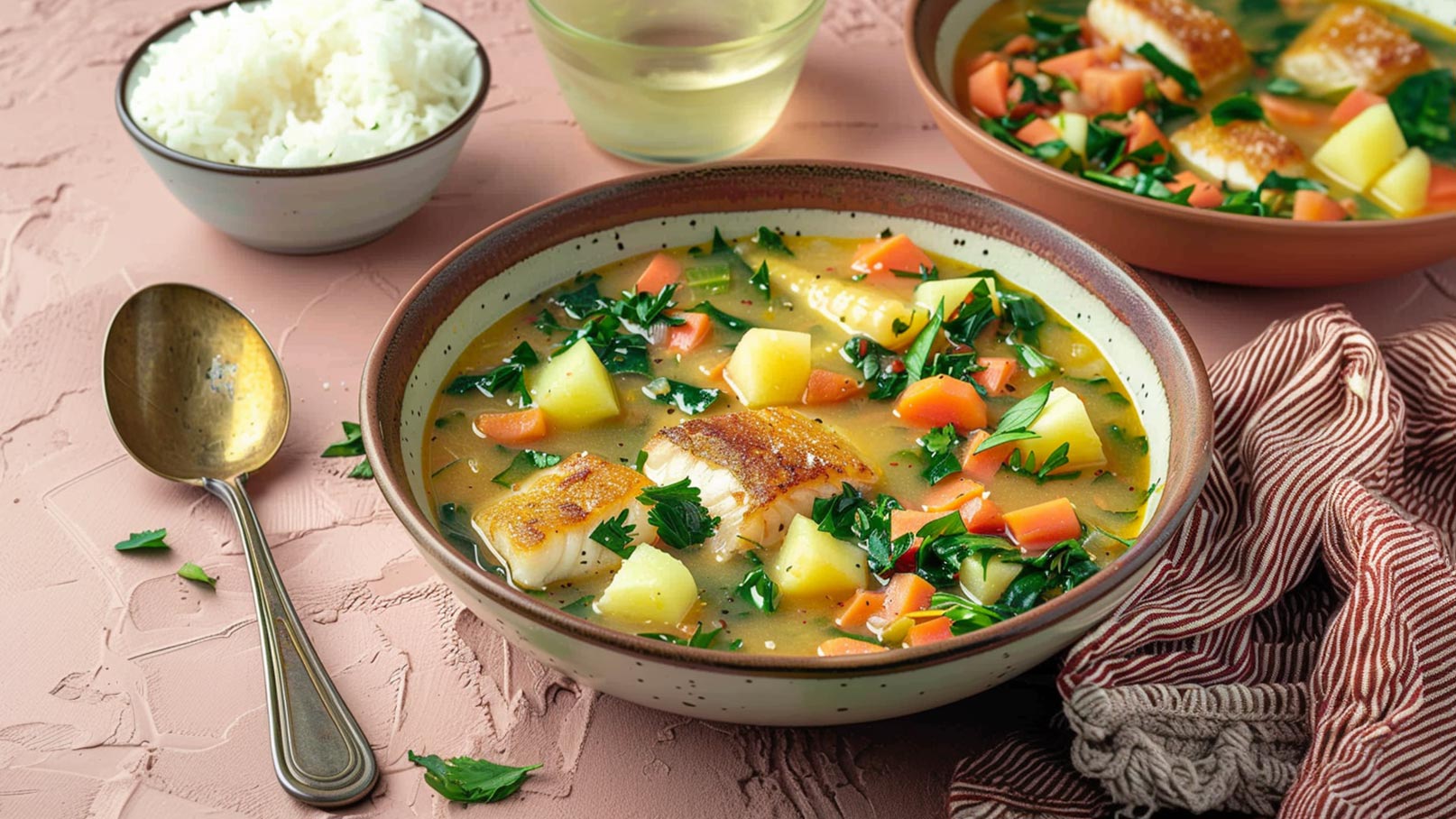 Eine Schüssel mit einer bunten Gemüsesuppe, die Stücke von gebratenem Fisch enthält. Die Suppe ist reich an Kartoffeln, Karotten und frischen Kräutern. Daneben steht eine Schale mit gekochtem Reis und ein Esslöffel.