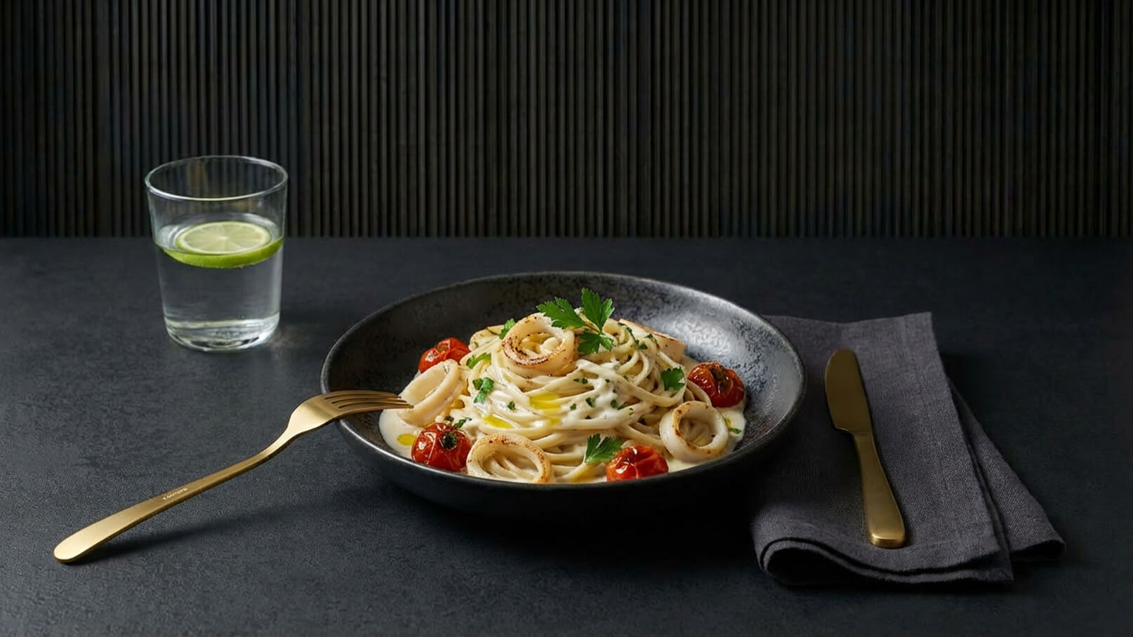Ein schwarzes Schüsserl mit Spaghetti, Kirschtomaten und Petersilie. Neben dem Schüsserl liegt ein goldenes Besteck. Im Hintergrund steht ein Glas Wasser mit einer Limettenscheibe. Der Tisch hat eine dunkle, einfarbige Oberfläche.