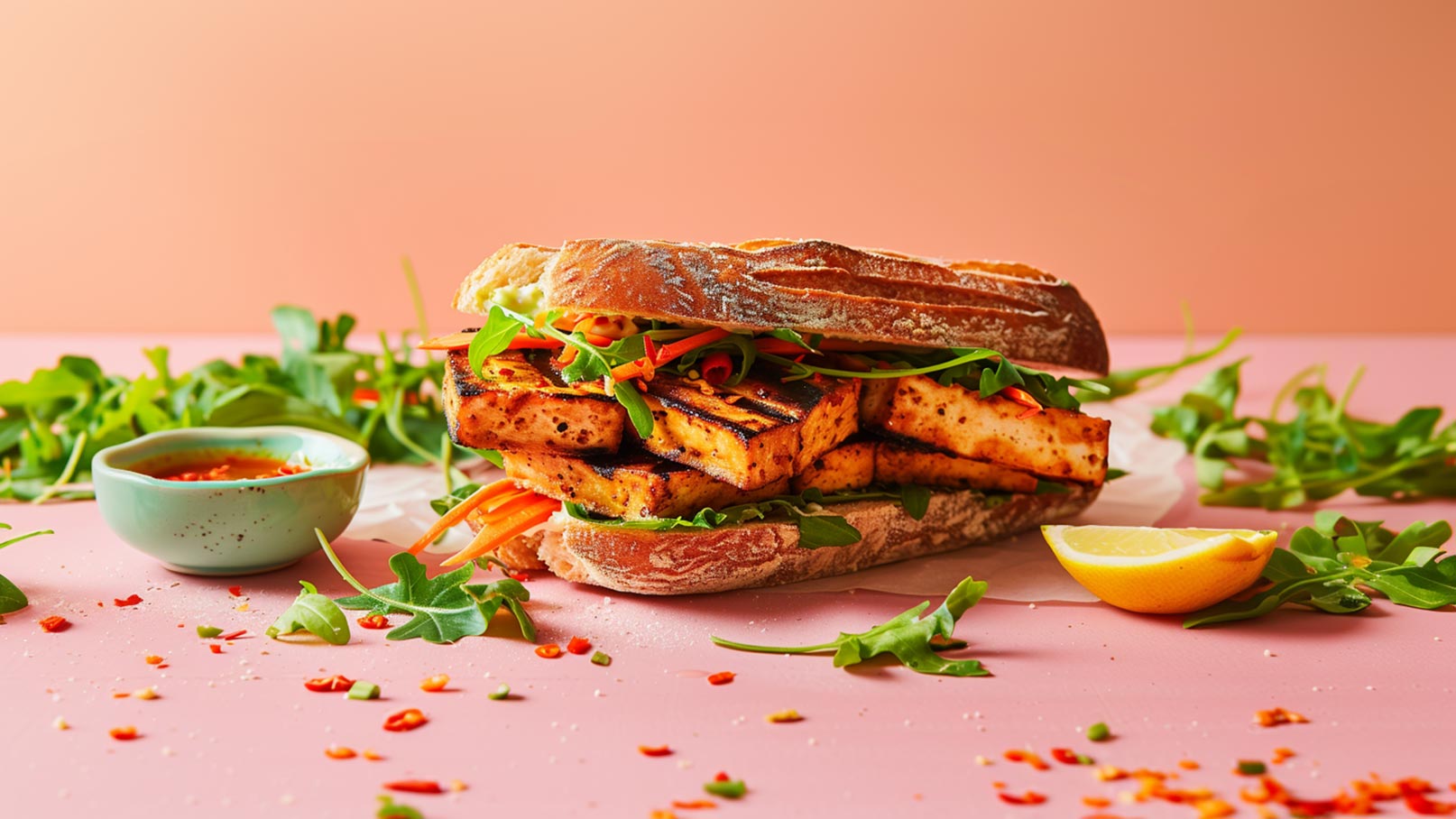 Ein Sandwich aus geröstetem Tofu, frischen Karottenstreifen und Rucola, serviert in einer knusprigen Brötchenhälfte. Neben dem Sandwich befindet sich eine kleine Schüssel mit einer würzigen Sauce und ein Stück Zitrone. Der Hintergrund ist in sanften Farben gehalten.