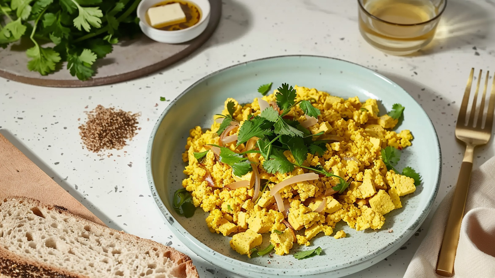 Auf dem Bild ist ein Teller mit gelbem Tofu-Rührei zu sehen, garniert mit frischem Koriander und Zwiebelstreifen. Daneben liegt ein Stück Brot und ein Glas Getränk. Im Hintergrund sind frische Kräuter und ein kleiner Behälter mit Butter sichtbar.
