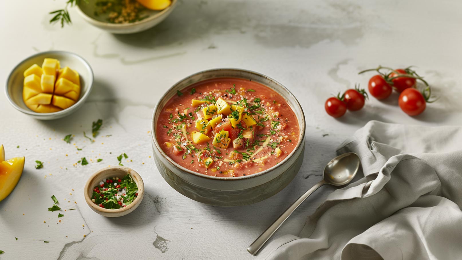 Eine große Schüssel Tomatensuppe mit kleinen Kartoffelstücken. Die Suppe ist mit frischen Kräutern und schwarzem Pfeffer garniert. Im Hintergrund sind einige grüne Blätter und weitere Schalen mit frischen Kräutern zu sehen.
