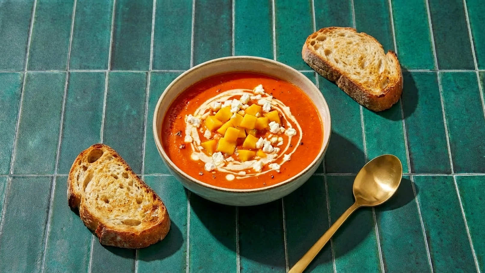 Eine Schüssel mit leuchtend roter Tomatensuppe, garniert mit gewürfelten Mangostücken und Sahnewirbeln, steht auf einem grünen Fliesenuntergrund. Daneben liegen zwei Scheiben geröstetes Brot und ein goldener Löffel.