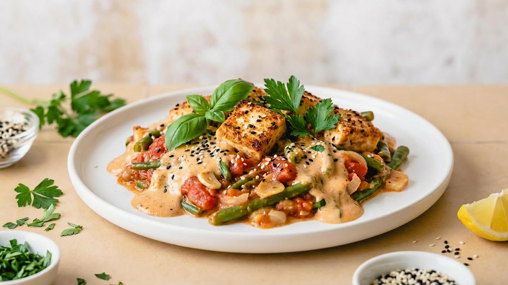Ein flacher Teller mit einer cremigen Sauce, grünem Gemüse und Stückchen von gebratenem Tofu. Die Speise ist mit frischem Basilikum, Koriander und schwarzem Sesam garniert. Daneben befinden sich kleine Schalen mit frischen Kräutern und schwarzem Sesam sowie eine Zitronenscheibe.