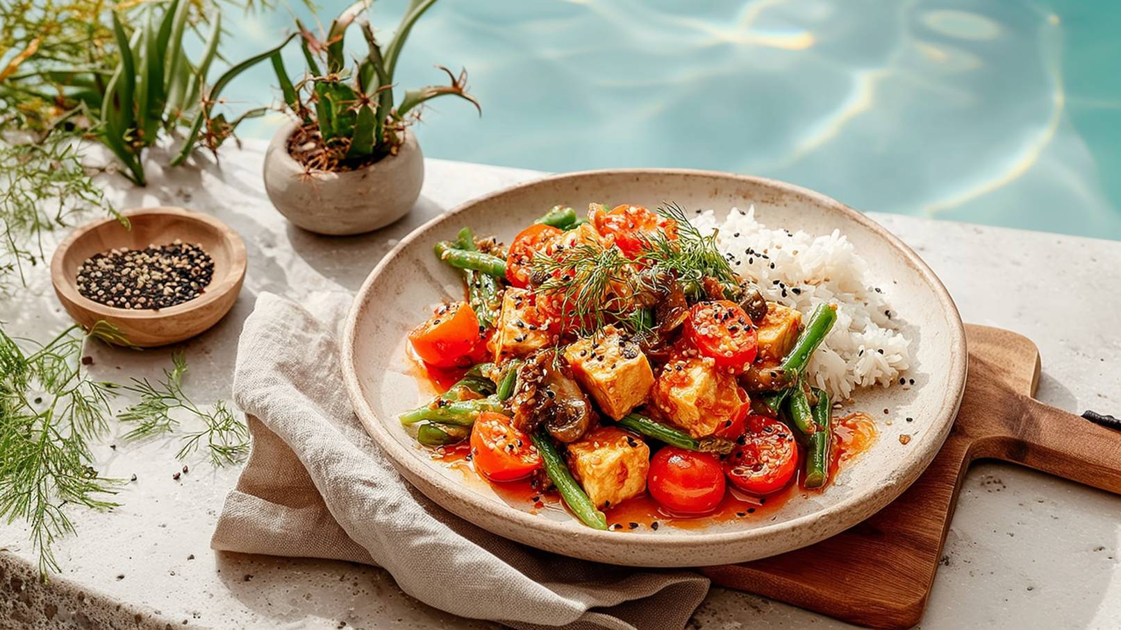 Ein Teller mit gebratenem Tofu, Cherrytomaten, grünen Bohnen und Reis. Das Gericht ist mit frischen Kräutern und schwarzem Sesam garniert. Der Teller steht auf einem hellen Tisch, umgeben von Pflanzen und in der Nähe eines Schwimmbeckens.