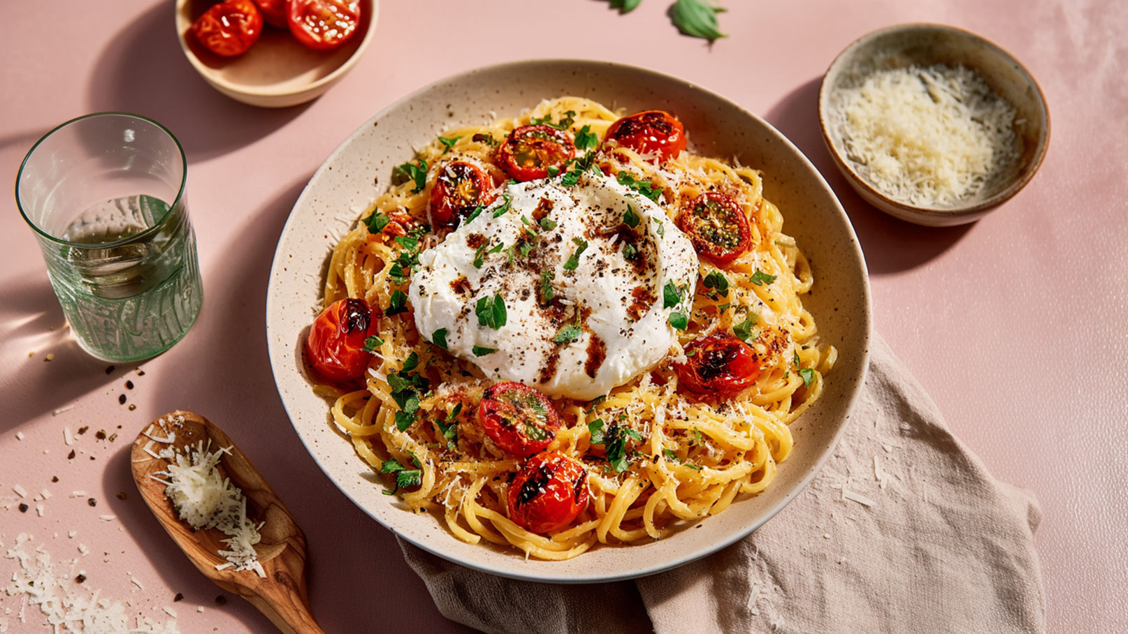 Ein Teller mit Spaghetti, belegt mit einer großen Portion Burrata, garniert mit gerösteten Kirschtomaten und frischen Kräutern. Daneben ein Holzlöffel mit geriebenem Käse und ein Glas Wasser. Der Hintergrund ist in sanften Rosa-Tönen gehalten.