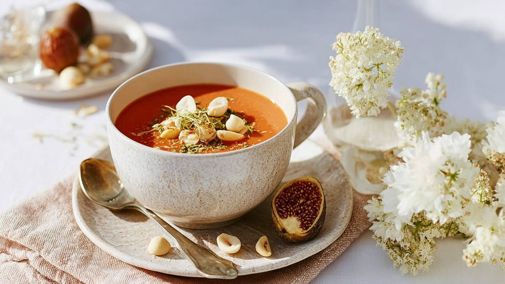 Eine herzhaft aussehende Suppe in einer hellen Tasse, garniert mit Kräutern und gerösteten Nüssen. Daneben liegt ein kleiner Teller mit einer halben Feige und einer silbernen Löffel. Im Hintergrund sind zarte, weiße Blumen arrangiert.