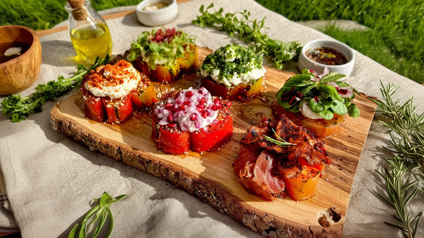 Auf einem Holzbrett sind verschiedene gefüllte Paprika-Cups angerichtet. Die Füllungen bestehen aus Kräutern, Käse, Zwiebeln und Speck. Das Gericht ist mit Gewürzen und frischen Salatblättern dekoriert und ansprechend präsentiert. Im Hintergrund sind einige Kräuter und eine Flasche Öl zu sehen.