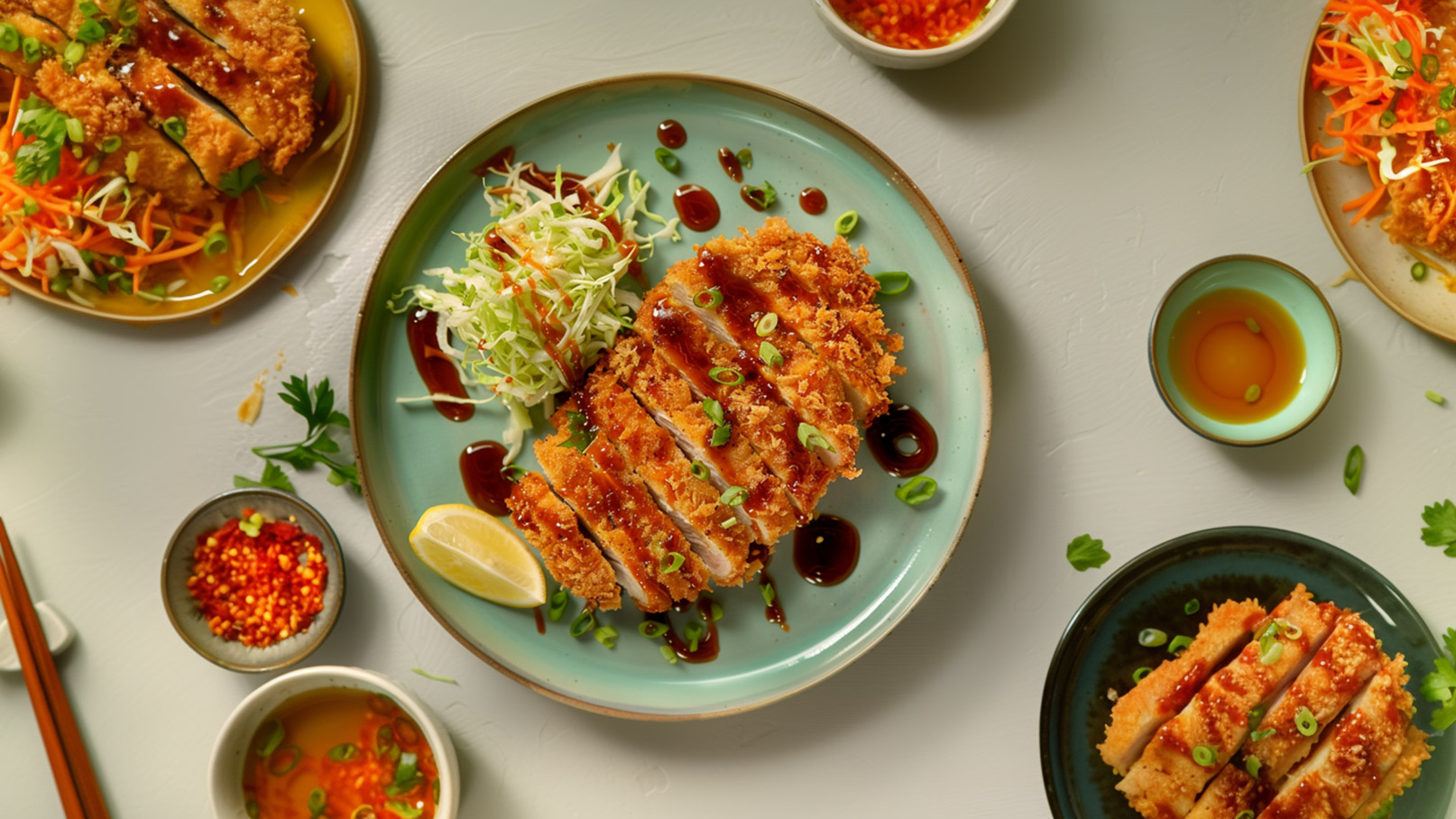 Ein Teller mit knusprigem, in Streifen geschnittenem Hähnchen ist im Mittelpunkt. Darauf befindet sich ein kräftiger Sauce-Glanz und frische Frühlingszwiebeln. Neben dem Hähnchen liegt ein kleiner Salat aus Weißkohl und eine Zitronenscheibe. Weitere kleine Schalen mit Gewürzen sind um den Teller verteilt.