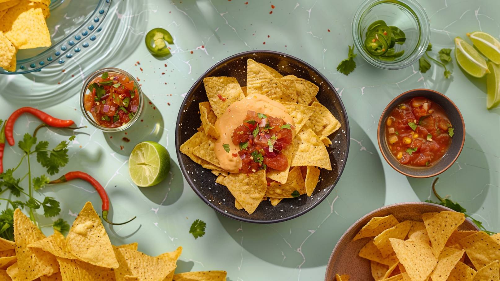 Das Bild zeigt eine leckere Vorspeise mit knusprigen Tortilla-Chips im Vordergrund, großzügig übergossen mit selbstgemachter Käsesoße. Im Hintergrund sind ein Salsadip und eine weitere Portion cremiger Käsesoße zu sehen. Die saftigen Chips und die reichhaltigen Dipps ergeben zusammen eine unwiderstehliche Kombination für jeden Feinschmecker. Die bunten und vielfältigen Zutaten versprechen einen Genuss, der alle Sinne anspricht und Lust auf mehr macht. Ein Appetizer, der perfekt für gesellige Anlässe oder gemütliche Abende ist.