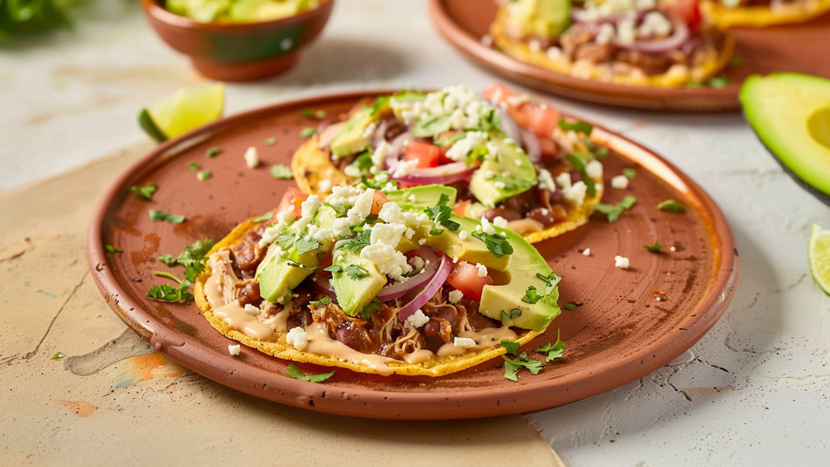 Auf einem terrakottafarbenen Teller liegen zwei Tacos. Sie sind gefüllt mit Fleisch, Bohnen, frischen Tomaten, Avocado, Zwiebeln und Käse, garniert mit Koriander. Im Hintergrund sind eine Schale mit weiteren Zutaten und eine Limette zu sehen.