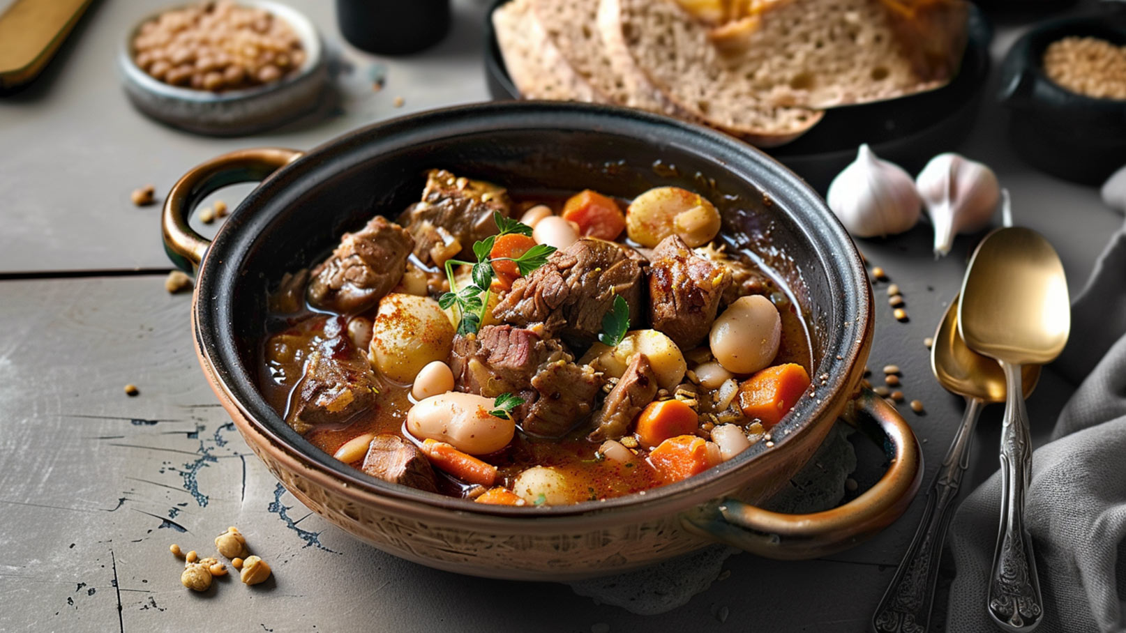 Ein herzhaftes Gericht in einem Keramiktopf, gefüllt mit Stückchen von Fleisch, Karotten, kleinen Kartoffeln und weißen Bohnen. Das Gericht ist mit frischen Kräutern garniert. Im Hintergrund sind Knoblauchzehen und Silberbesteck sichtbar.