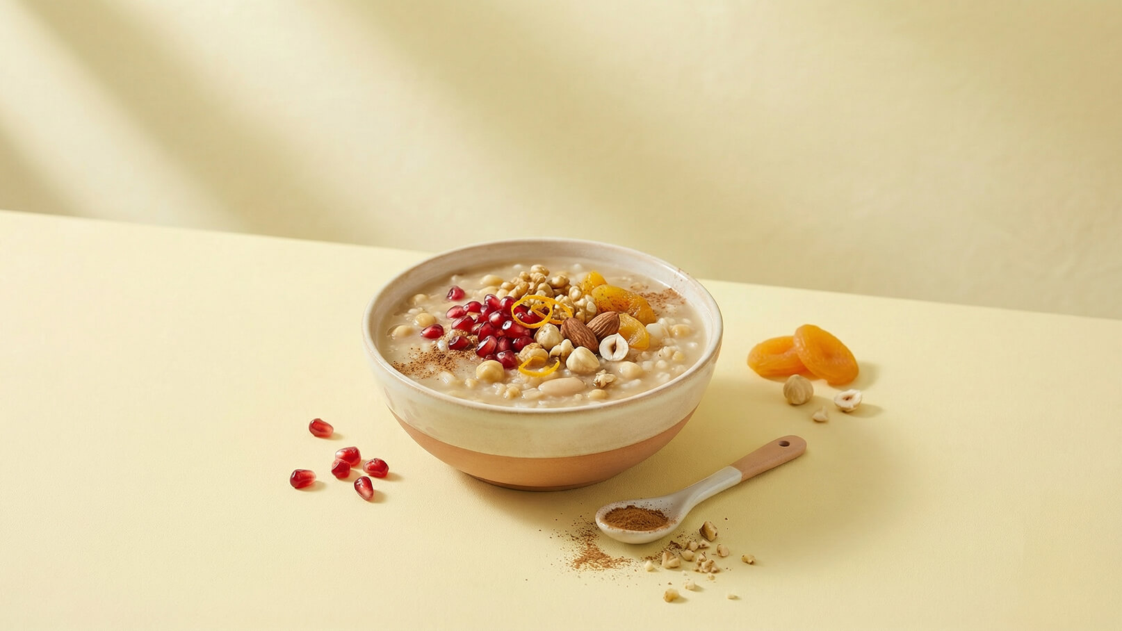 Eine Schüssel mit cremigem Porridge, garniert mit roten Granatapfelkernen, getrockneten Aprikosen, Nüssen und einer Prise Zimt. Neben der Schüssel liegt ein kleiner Löffel mit Zimt. Der Hintergrund ist hellgelb.