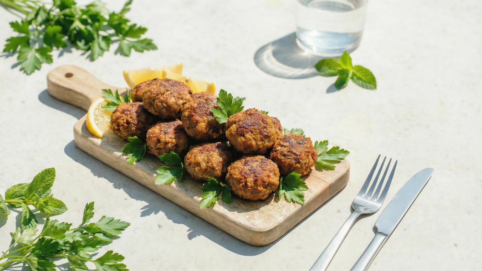 Auf einem Holzbrett liegen mehrere goldbraune Frikadellen, umgeben von frischen Petersilienblättern und einigen Zitronenscheiben. Im Hintergrund ist ein Glas Wasser sichtbar, und es sind einige Minzblätter auf dem Tisch verteilt.