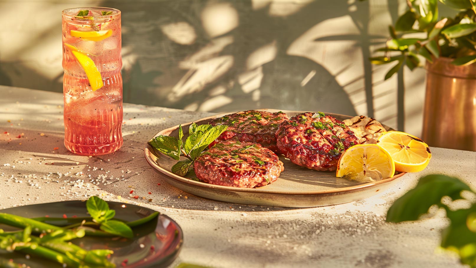 Auf einem Teller liegen mehrere gegrillte Patties, garniert mit frischer Minze. Daneben sind zwei halbierte Zitronen. Im Hintergrund steht ein Glas mit einem fruchtigen Getränk, das mit Zitronenscheiben und Eis gefüllt ist. Der Tisch hat eine helle, entspannte Atmosphäre.