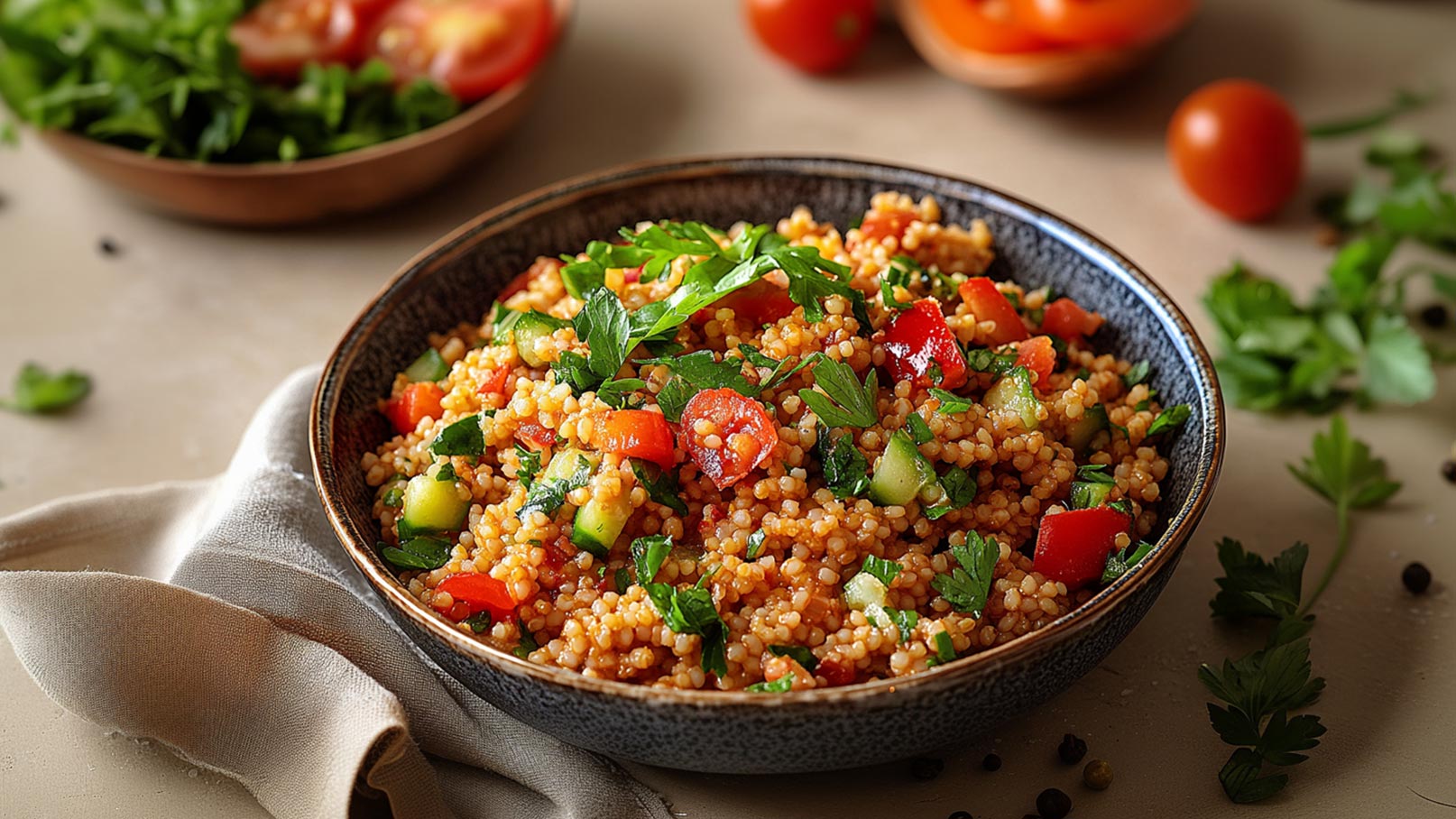 Eine Schüssel mit buntem Salat aus Couscous, gewürzt mit Tomaten, Paprika und Gurken, garniert mit frischer Petersilie. Der Salat liegt auf einer beige Serviette, umgeben von frischen Kräutern und Tomaten im Hintergrund.