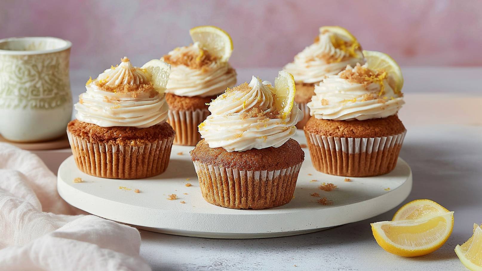 Sechs Zitronen-Cupcakes auf einem weißen Teller, dekoriert mit cremigem Zuckerguss, Zitronenscheiben und Zuckerkristallen. Im Hintergrund steht eine Tasse. Die Aufmachung vermittelt ein frisches und einladendes Gefühl.