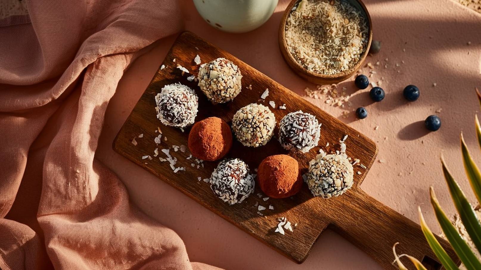 Auf einem Holzbrett liegen unterschiedliche Energiebällchen, die mit Kokosraspeln, Schokolade und Nüssen umhüllt sind. Einige sind in Kakaopulver gewälzt. Um die Bällchen verstreut sind Kokosflocken und ein paar Heidelbeeren. Der Hintergrund ist in sanften, pastellfarbenen Tönen.