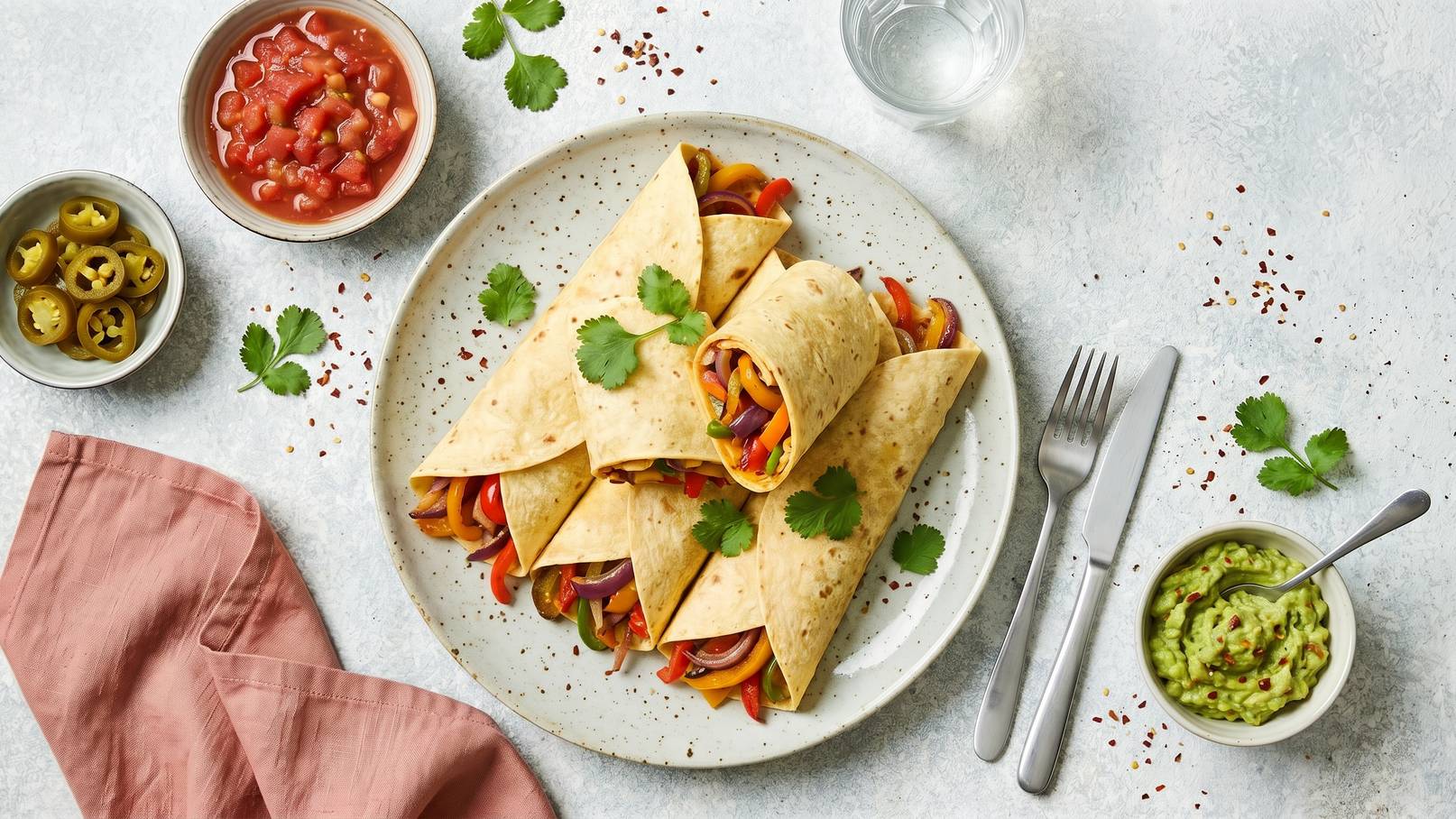 Ein Teller mit gefüllten Tortillas ist im Mittelpunkt, garniert mit frischem Koriander. Daneben befinden sich Schalen mit Salsa, Jalapeños und Guacamole. Ein Wasserglas und Besteck liegen bereit. Die Farben und Texturen der Speisen wirken appetitlich und einladend.