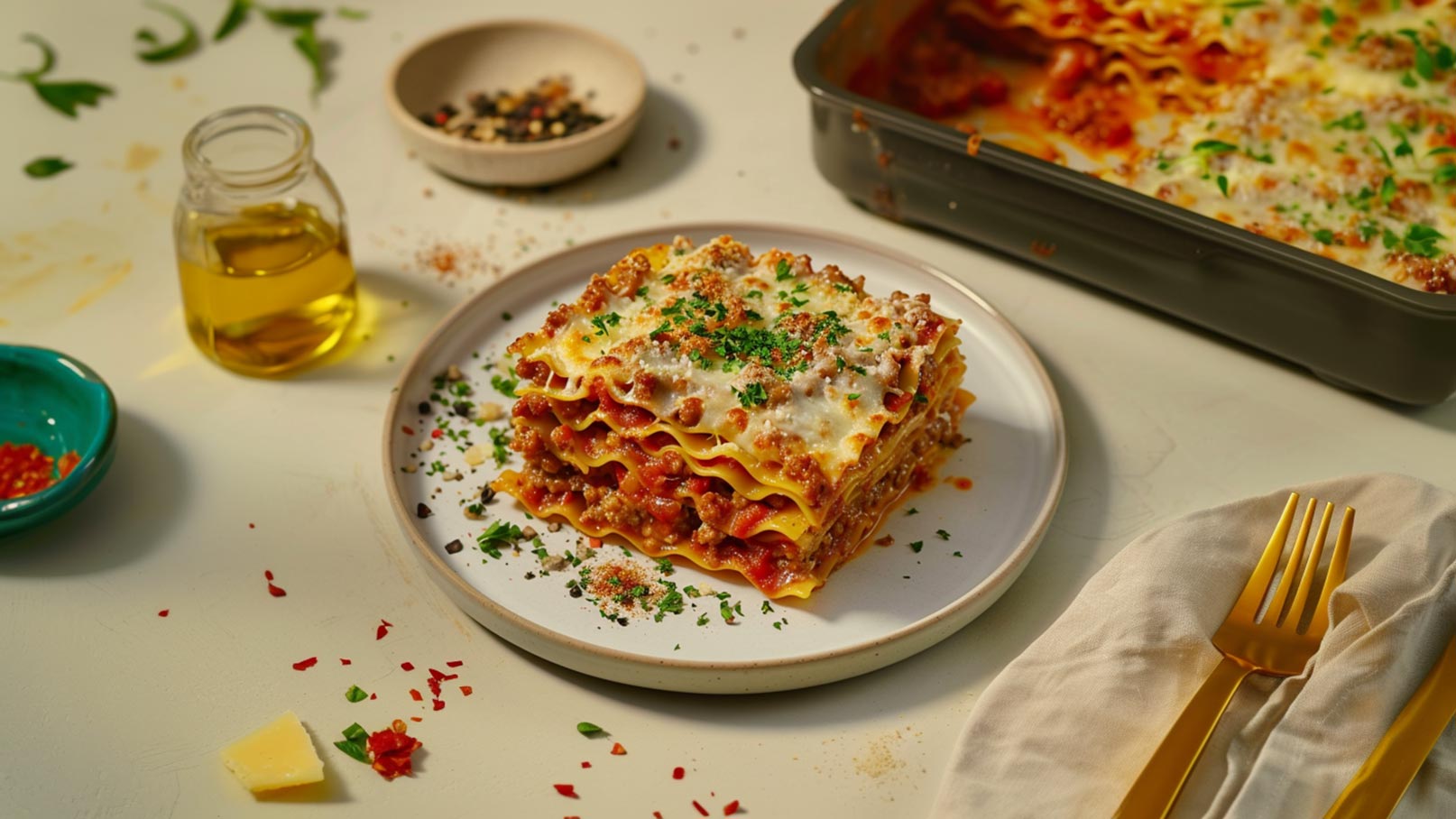 Ein Teller Lasagne mit mehreren Schichten, gefüllt mit Fleischsoße, Käseschicht und frischen Kräutern. Die Oberfläche ist goldbraun und mit einem Basilikumblatt garniert. Daneben befindet sich eine kleine Schüssel mit Tomatensoße.