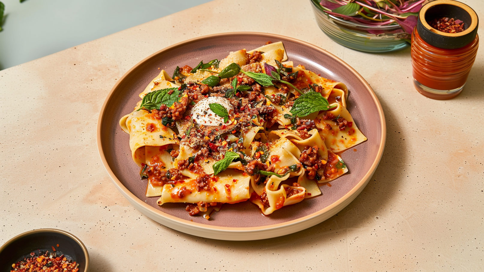 Ein Teller frischer Pasta mit einer herzhaften Fleischsauce, garniert mit frischen Minzblättern und gehackten Gewürzen. Die Pasta ist weich und goldgelb, umgeben von einer aromatischen, roten Sauce. Dazu ein kleines Schälchen mit Gewürzen.