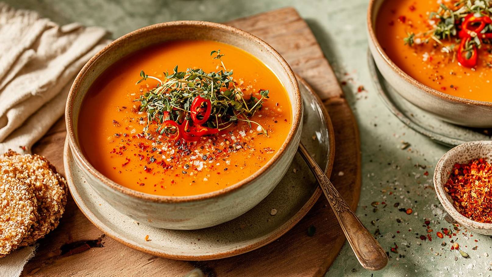 Eine Schüssel mit leuchtend orangefarbener Suppe, garniert mit frischem Thymian und roten Chilistückchen, steht auf einem Holzbrett. Neben der Schüssel liegen knusprige, goldene Kekse und eine kleine Schale mit Gewürzen. Der Hintergrund ist sanft und harmonisch.