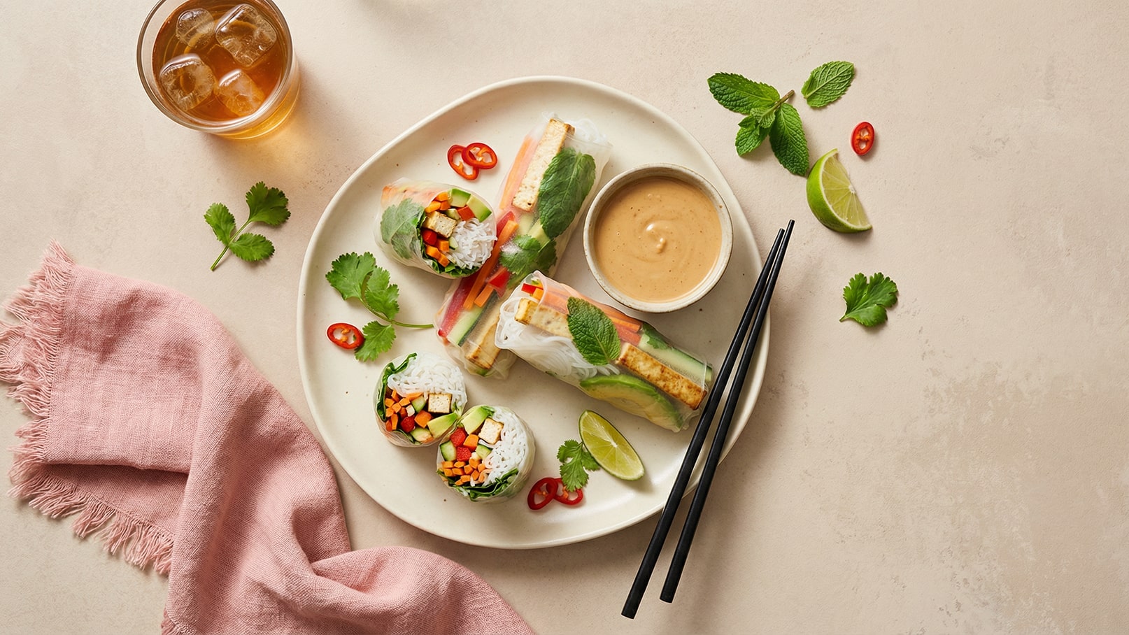 Auf dem Teller sind frische Frühlingsrollen mit Gemüse und Tofu, umgeben von Koriander und Minze. Dazu gibt es eine Erdnusssauce in einer kleinen Schüssel, eine Limettenscheibe und einige rote Chilischoten. Ein Glas mit Eiswasser steht daneben.