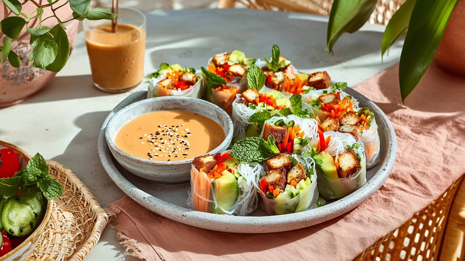 Ein Teller mit bunten Frühlingsrollen, gefüllt mit Gemüse und gebratenem tofu, serviert mit einer Erdnusssauce in einer Schüssel. Daneben steht ein Glas Getränk. Die Szene ist hell, mit einem natürlichen und einladenden Ambiente.