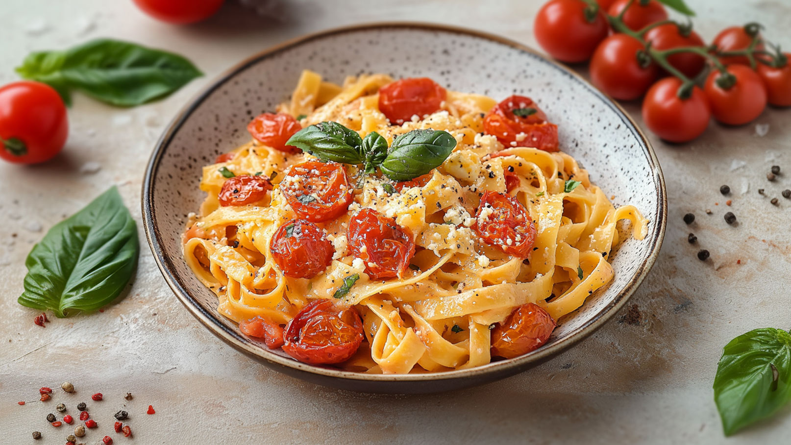 Ein Teller mit Bandnudeln, garniert mit gerösteten Kirschtomaten und frischem Basilikum. Die Nudeln sind cremig und mit Käse bestreut. Um den Teller herum sind einige frische Tomaten und grüne Basilikumblätter sichtbar.