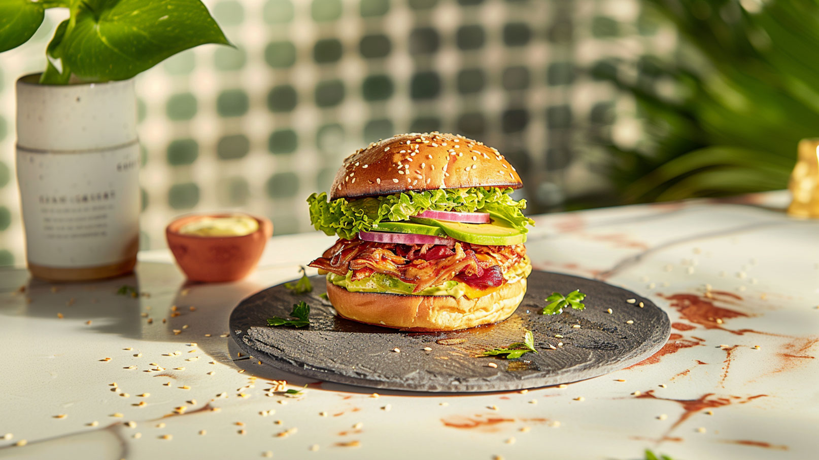 Ein saftiger Burger mit Sesambrötchen, gefüllt mit frischem Salat, roten Zwiebeln, grünen Äpfeln und gegrilltem Fleisch. Er liegt auf einem schwarzen Teller, umgeben von einigen Kräutern. Im Hintergrund sind unscharfe, grüne Pflanzen und eine kleine Schüssel mit Sauce sichtbar.