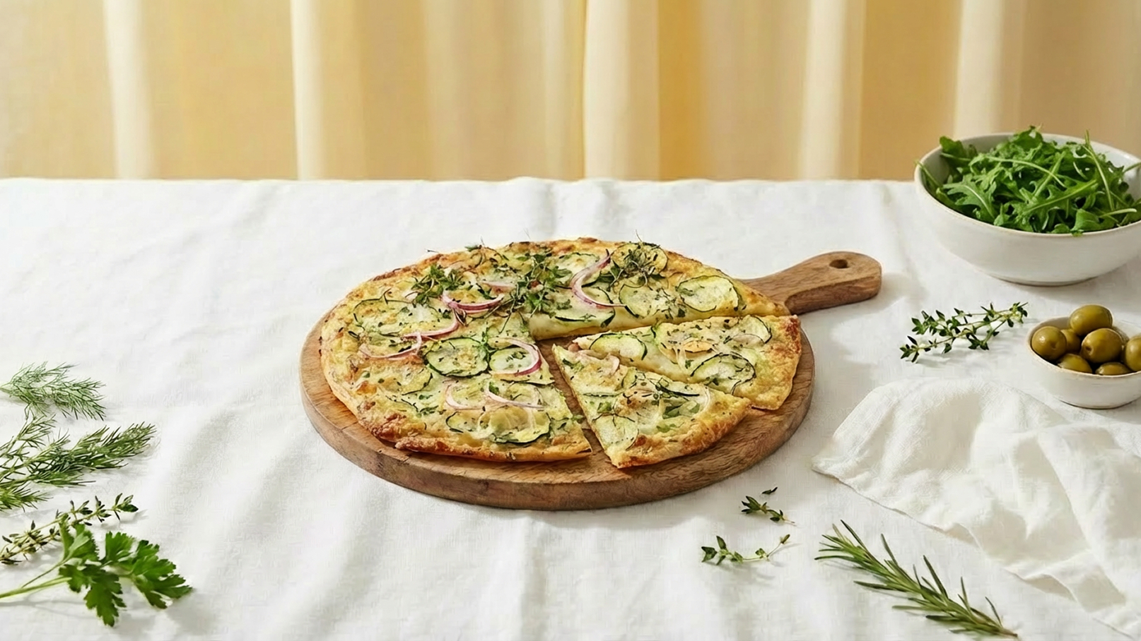 Eine frisch gebackene Pizza auf einem Holzbrett, belegt mit Zucchini, roten Zwiebeln und frischen Kräutern. Einige Stücke sind bereits abgeschnitten. Im Hintergrund befindet sich eine Schüssel mit Rucola und eine kleine Schüssel mit Oliven. Der Tisch ist mit einer weißen Tischdecke bedeckt.