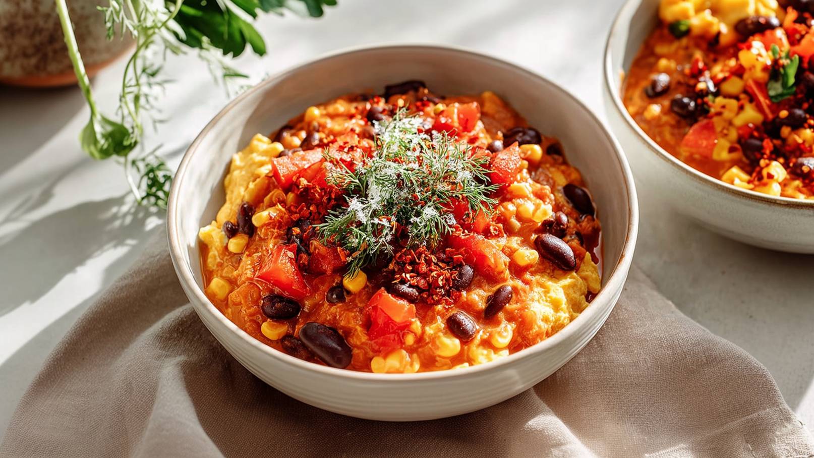 Eine Schüssel mit einem bunten Gericht, das aus einer Mischung von Mais, schwarzen Bohnen, Tomaten und Gewürzen besteht. Das Gericht ist mit frischer Dill sowie roten Chilis bestreut und wird auf einem hellen Untergrund serviert.