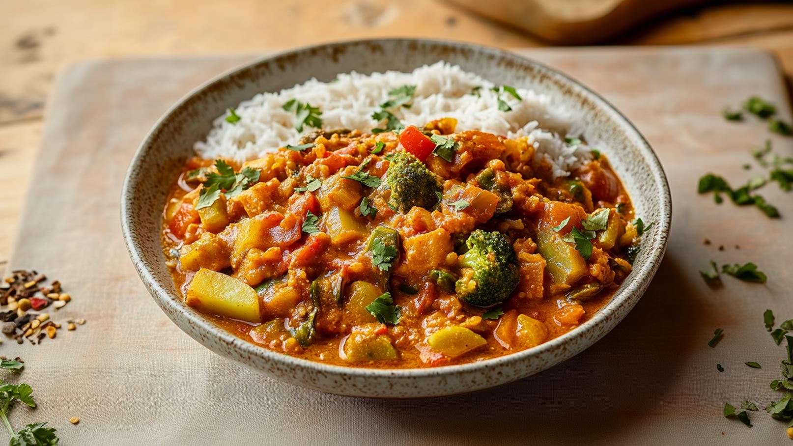 Eine Schüssel mit buntem Gemüse-Curry, das in einer cremigen Sauce serviert wird. Neben dem Curry liegt ein Hügel von dampfendem, weißem Reis, garniert mit frischem Koriander. Der Teller steht auf einer Holzoberfläche.
