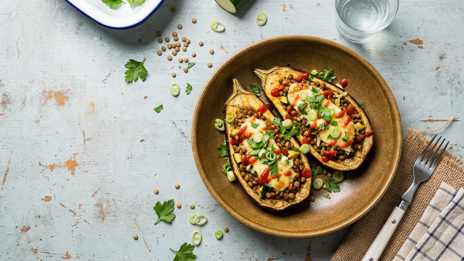 Ein Teller mit zwei halbierten und gefüllten Auberginen. Die Füllung besteht aus Linsen, Gemüse und Käse, garniert mit Frische, grünen Zwiebeln und roter Soße. Daneben liegt ein Gedeck mit einer Gabel und einem Serviette.
