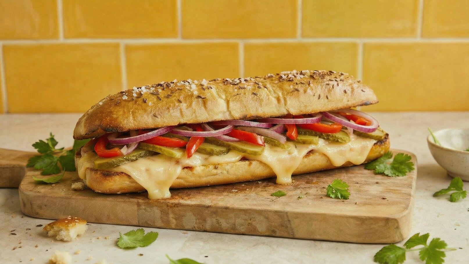 Ein großes Sandwich auf einem Holzbrett, gefüllt mit geschmolzenem Käse, gegrillten Zwiebeln, roten Paprika und Gurken. Das Brot ist leicht knusprig und mit Haferflocken bestreut. Frische Korianderblätter liegen um das Sandwich herum. Der Hintergrund ist eine gelbe Fliesenoberfläche.