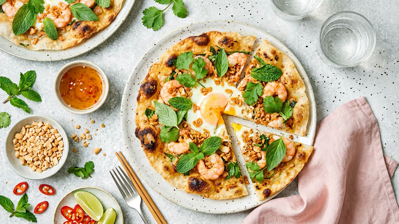 Ein Teller mit flachem Brot, belegt mit Garnelen, frischen Kräutern, einem Ei und einigen Erdnüssen. Das Brot ist in Stücke geschnitten. Neben dem Teller befindet sich eine kleine Schüssel mit süßer Chilisauce, extra Erdnüssen und Limettenscheiben.