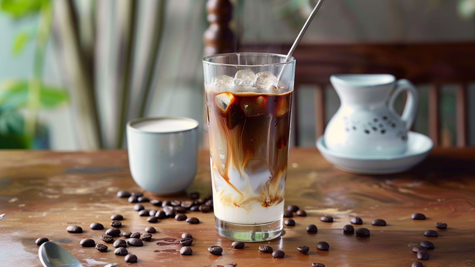 Ein großes Glas mit eisgekühltem Kaffee, durchzogen von Milch, steht auf einem Holztisch. Neben dem Glas liegen Kaffeebohnen verstreut und eine kleine Tasse mit Milch steht ebenfalls auf dem Tisch.