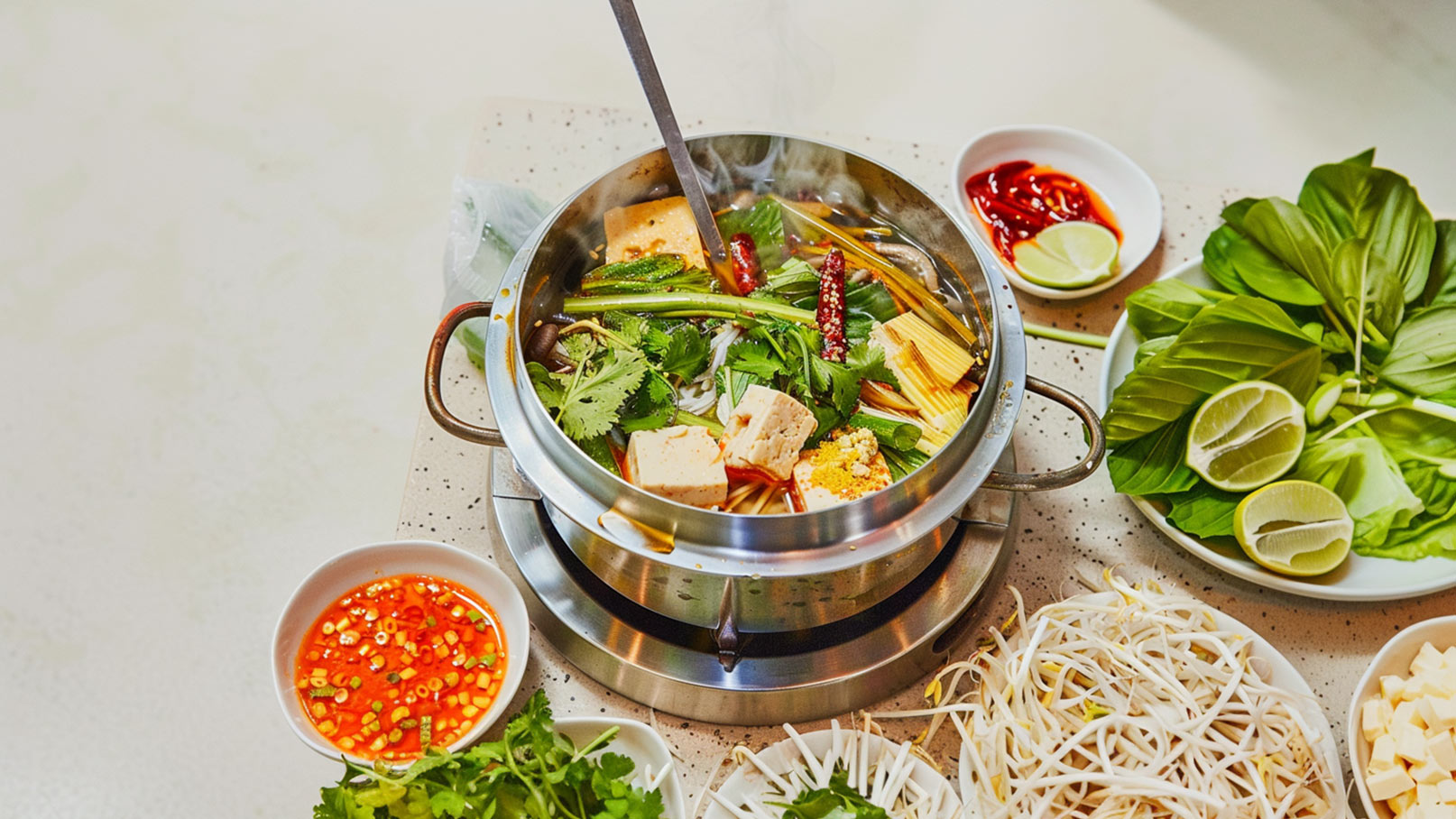Ein Eintopf mit dampfendem Gemüse, Tofu und Kräutern in einem Metalltopf. Um den Topf herum sind Schalen mit Saucen, frischen Kräutern und Limettenscheiben angeordnet. Das Gericht ist einladend und farbenfroh, ideal für geselliges Essen.