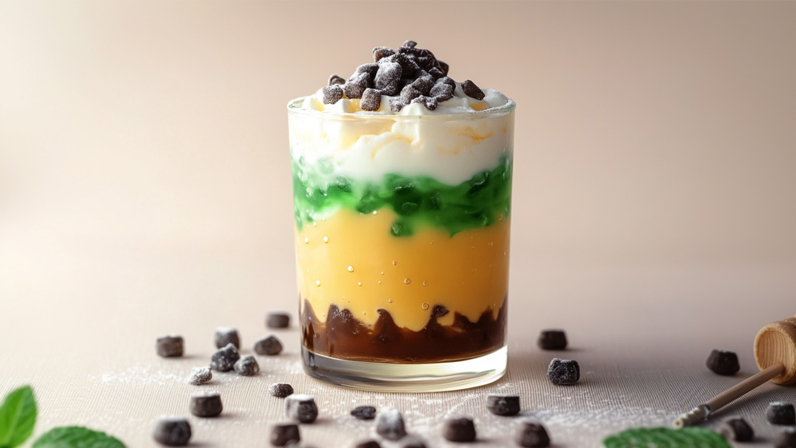 Ein transparenter Becher enthält mehrere Schichten von Desserts. Unten ist eine dunkelbraune Schicht, darauf eine orangefarbene, gefolgt von einer grünen Schicht. Oben befindet sich eine weiße Sahnehaube, gekrönt mit dunklen Schokoladenstückchen. Der Hintergrund ist neutral gehalten.