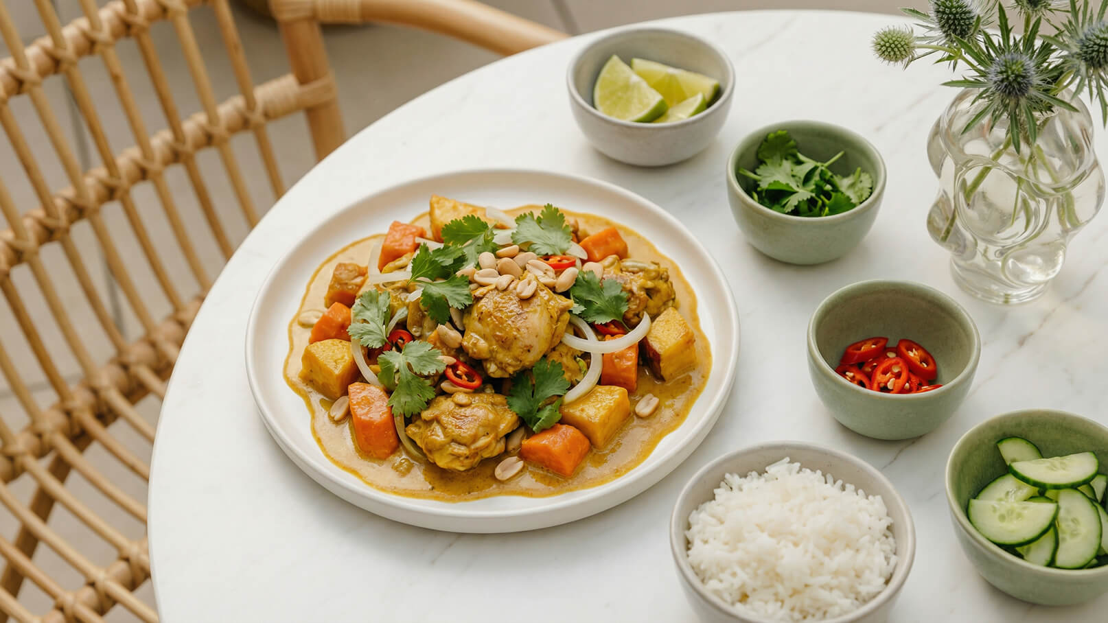 Ein Teller mit buntem Curry-Gericht, das Huhn, Kürbis und andere Gemüsesorten enthält. Obenauf sind frische Korianderblätter und Erdnüsse dekoriert. Daneben befinden sich Schalen mit Limettenscheiben, frischer Koriander, Chilischoten und Reis.