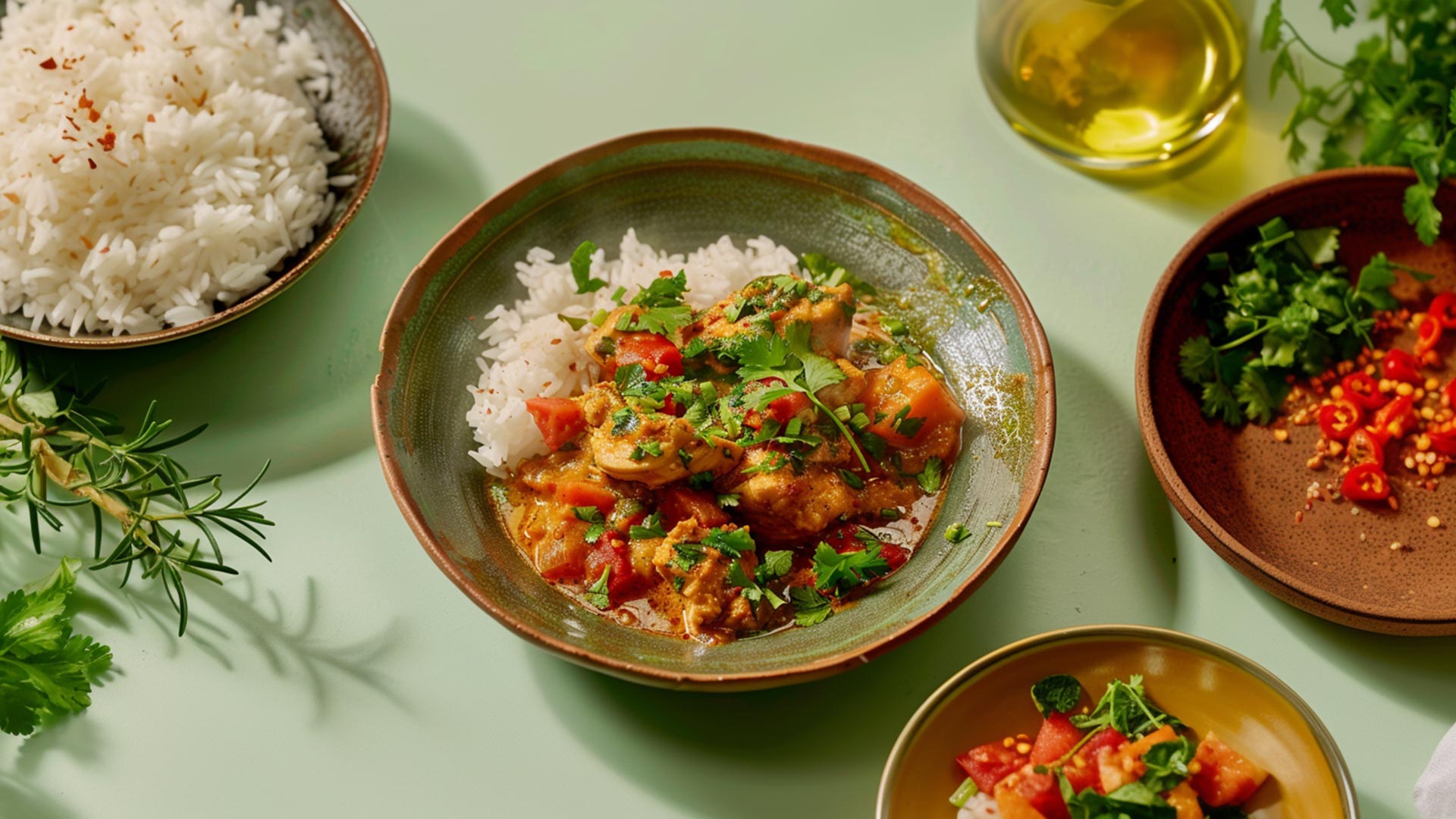 Ein Teller mit Reis und einer würzigen Gemüsesauce, garniert mit frischem Koriander und Tomatenstücken. Im Hintergrund nahen Reis und frische Kräuter, darunter Koriander und Chilis. Der Hintergrund ist in sanften Grüntönen gehalten.