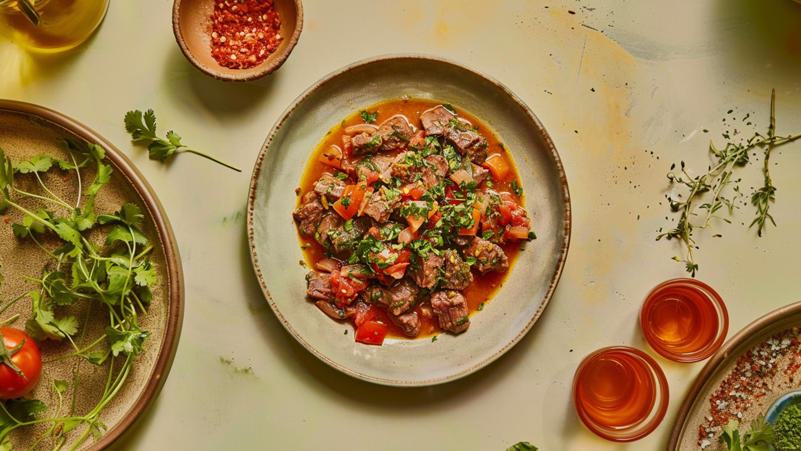 Ein Teller mit saftigem Fleischgericht, garniert mit frischen Tomaten und gehacktem Koriander. Um den Teller herum liegen frische Kräuter und Gewürze. Im Hintergrund sind zwei kleine Gläser mit einer orangefarbenen Flüssigkeit zu sehen.