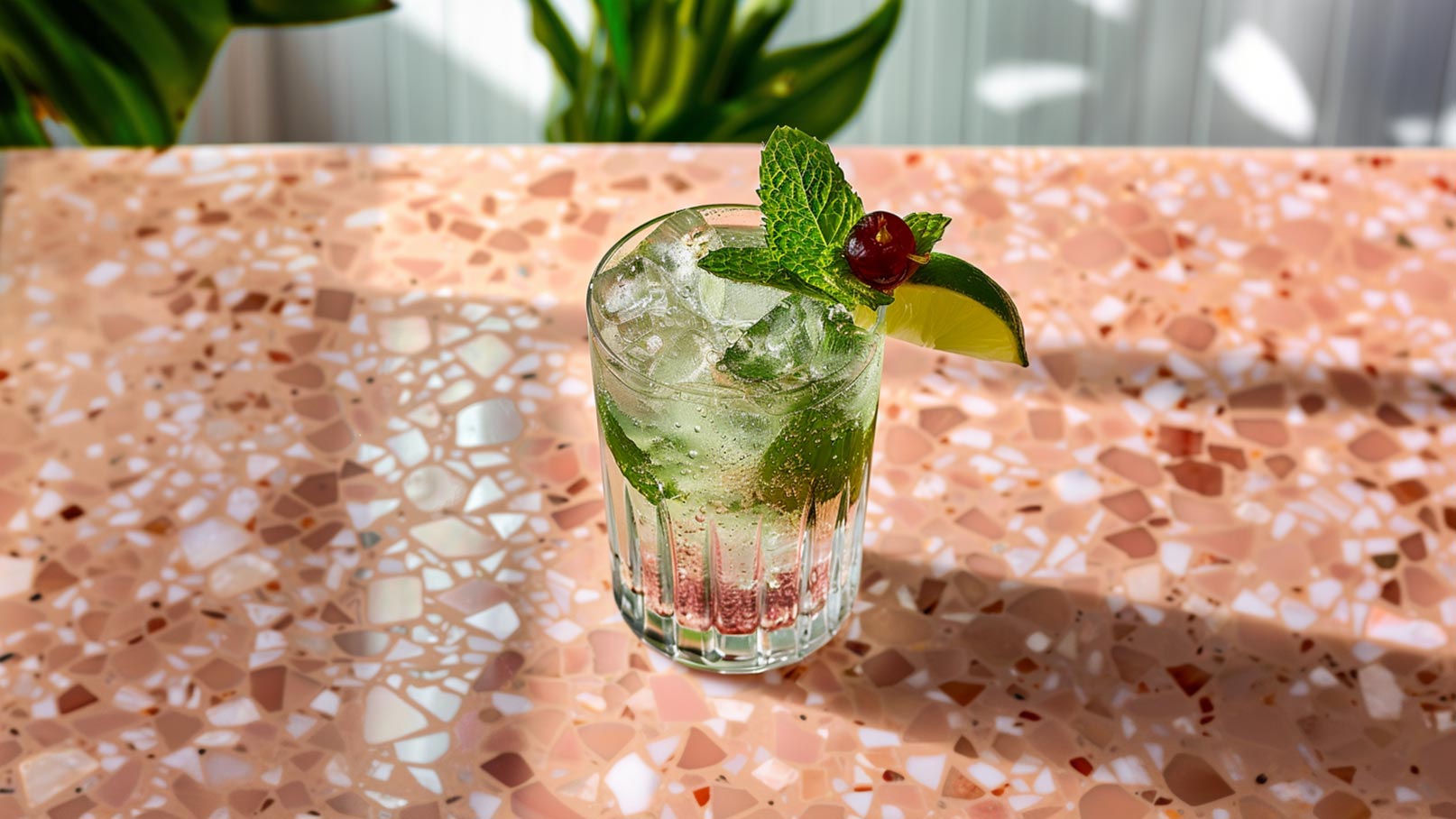 Ein Glas mit einem erfrischenden Getränk voller Eiswürfel und frischen Minzblättern steht auf einem rosa Tisch. Einige Minzblätter und Eiswürfel liegen rund um das Glas. Die Szene vermittelt ein Gefühl von Sommer und Erfrischung.