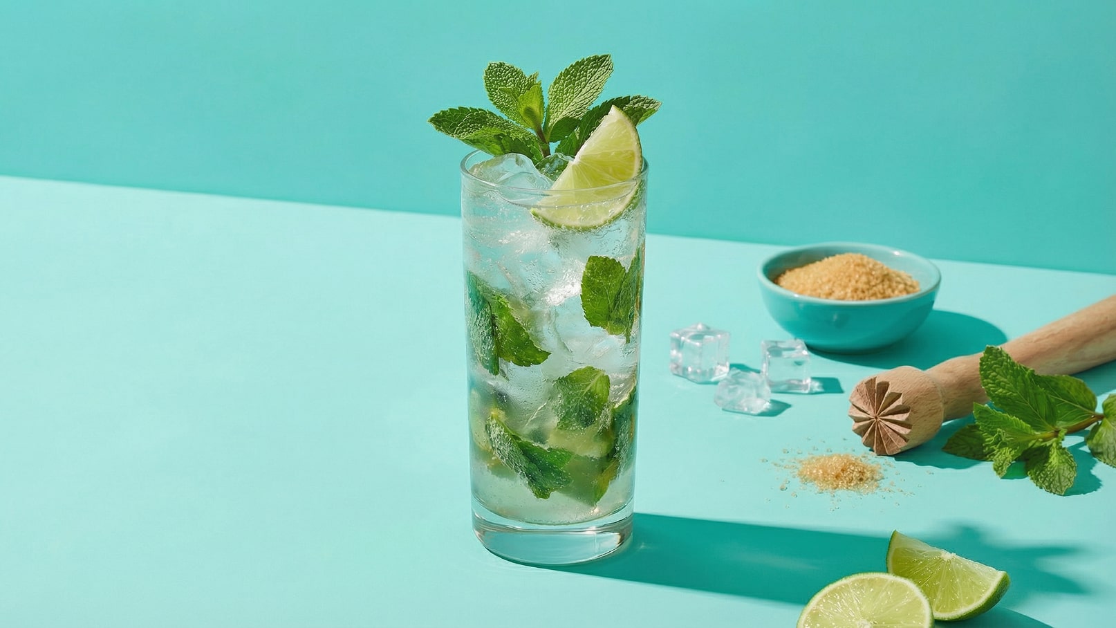 Ein hoher Glasbecher enthält einen erfrischenden Cocktail mit Eis, frischen Minzblättern und einem Limettenstück. Im Hintergrund sind einige Eiswürfel und brauner Zucker zu sehen. Der gesamte Hintergrund ist in einem einheitlichen Türkiston gehalten.