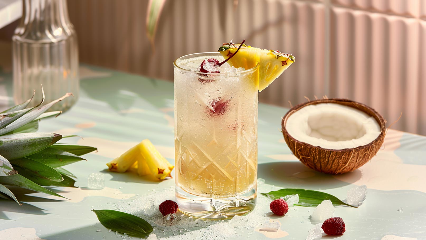 Ein Glas mit einer cremigen, hellgelben Flüssigkeit, gefüllt mit Eiswürfeln, steht auf einem Tisch. Am Rand des Glases befindet sich ein Stück frische Ananas. Im Hintergrund sind Ananasscheiben und eine halbierte Ananas zu sehen.