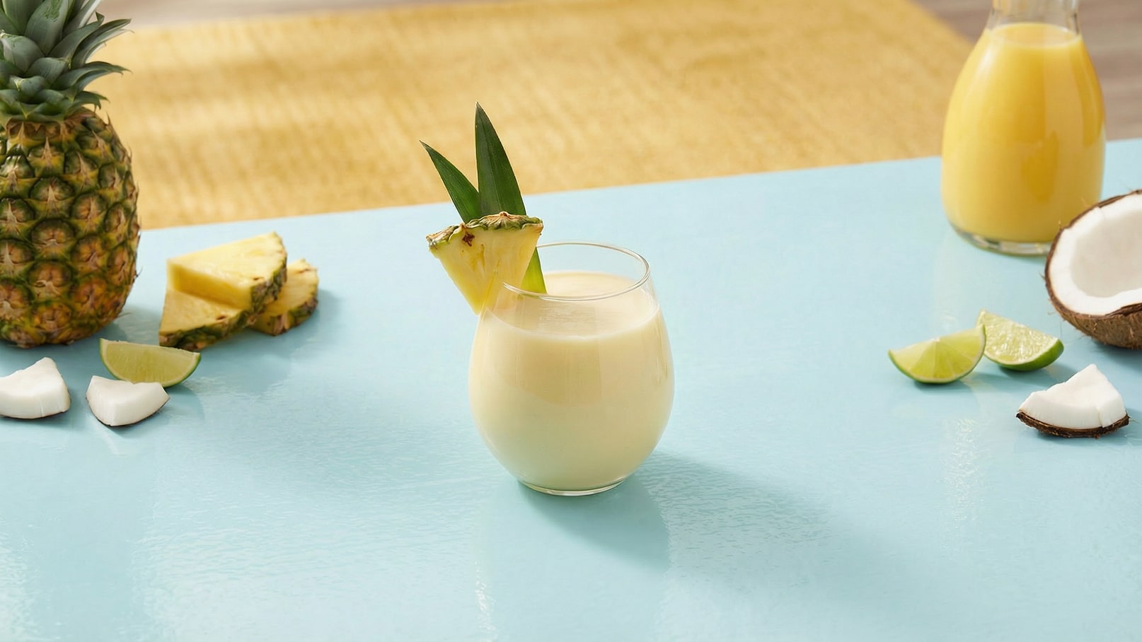 Ein glasierter Cocktail mit einer hellen, cremigen Flüssigkeit, garniert mit einer Ananasscheibe und grünen Blättern. Daneben sind frische Ananasstücke, Limettenscheiben und Kokosnussstücke auf einem blauen Tisch angeordnet. Im Hintergrund steht eine Flasche mit einem gelben Drink.