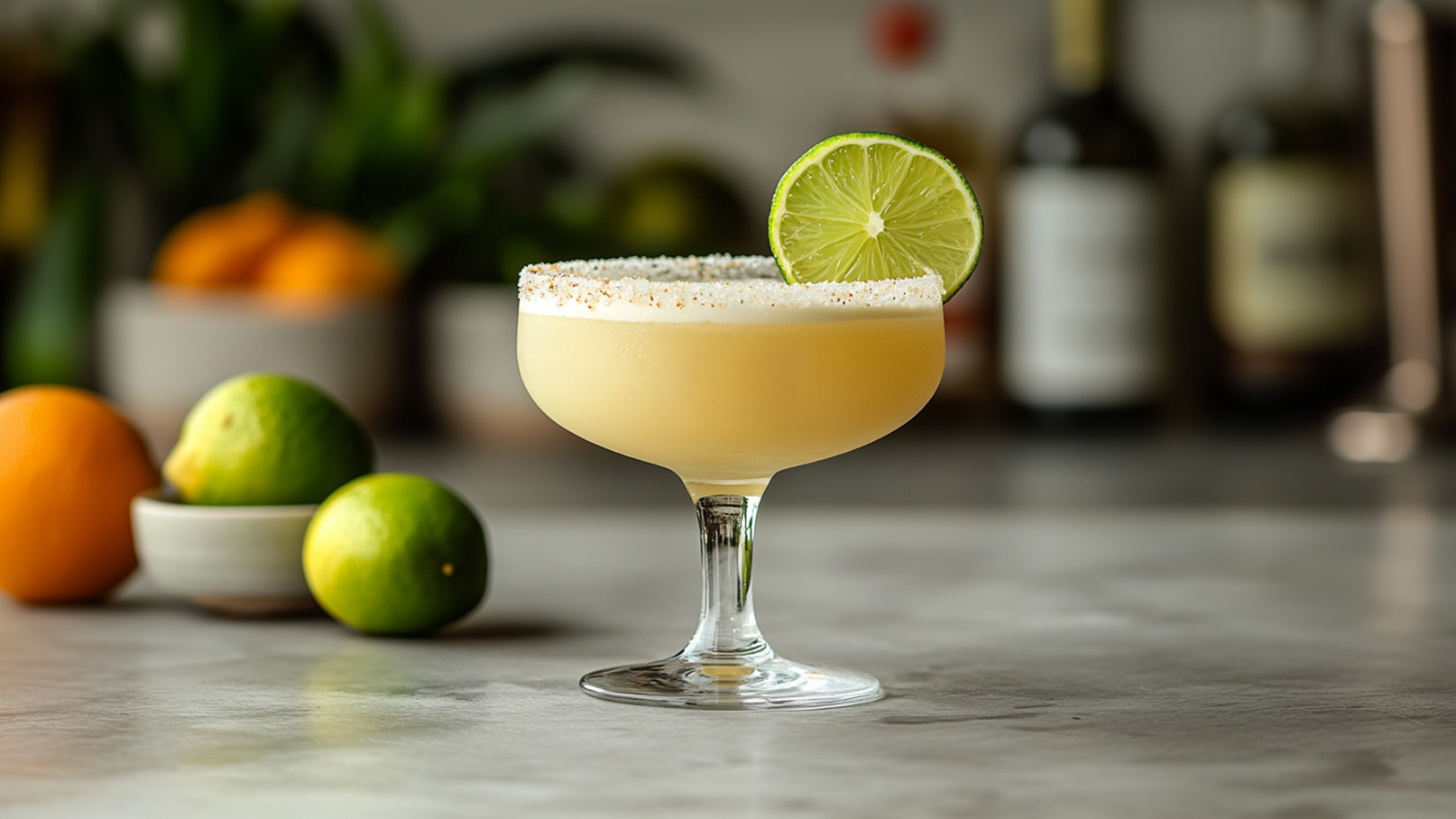 Ein elegantes Cocktailglas mit einem gelben Getränk, dekoriert mit einer Limettenscheibe und einem Zuckerrand. Im Hintergrund sind Früchte wie Orangen und Limetten sowie Flaschen sichtbar. Der Fokus liegt auf dem stilvollen Drink.