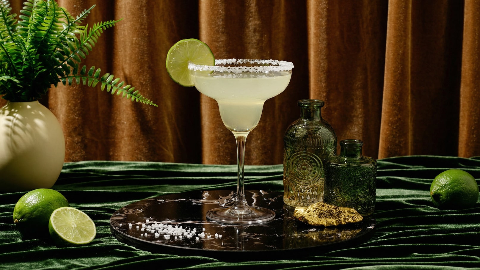 Ein Margarita-Cocktail in einem eleganten Glas steht auf einem schwarzen Marmorteller. Der Rand des Glases ist mit Salz bedeckt, und eine Limettenscheibe dekoriert das Getränk. Grünes Samt und Pflanzen im Hintergrund verleihen der Szene eine stilvolle Atmosphäre.